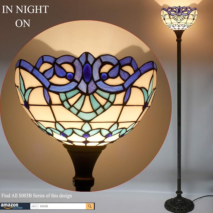 WERFACTORY Tiffany Floor Lamp Navy Blue Baroque Stained Glass Light 12X12X66 Inches Pole Torchiere Standing Corner Torch Uplight Decor Bedroom Living Room Home Office S003B Series - LeafyLoom