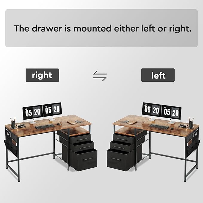 Computer Desk with Drawers, 47 Inch Desk with 2 Drawers and Shelves, Office Desk with Storage, Desk with Storage Bag, Home Office desks with Drawers, Metal Frame for PC Laptop, Rustic Brown - LeafyLoom