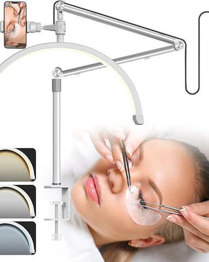 Half Moon Lash Light for Eyelash Extensions, Half Moon Lash Lamp with Phone Holder for Makeup, Nail, Facial, Tattoo - Dimmable Eyelash Lamp & Color Temperature 3000K-6000K - LeafyLoom