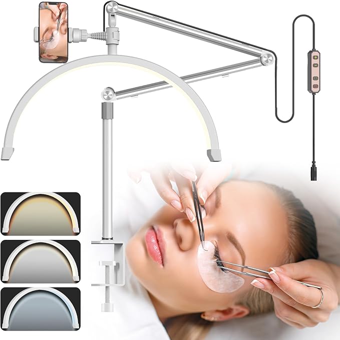 Half Moon Lash Light for Eyelash Extensions, Half Moon Lash Lamp with Phone Holder for Makeup, Nail, Facial, Tattoo - Dimmable Eyelash Lamp & Color Temperature 3000K-6000K - LeafyLoom