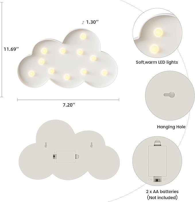 White Cloud Decor, Battery Powered Cloud Night Light for Kids, Kids Night Lights for Bedroom, Baby Night Light for Bedroom, Toddler Night Lights, Kids Room Decor for Bedroom - LeafyLoom