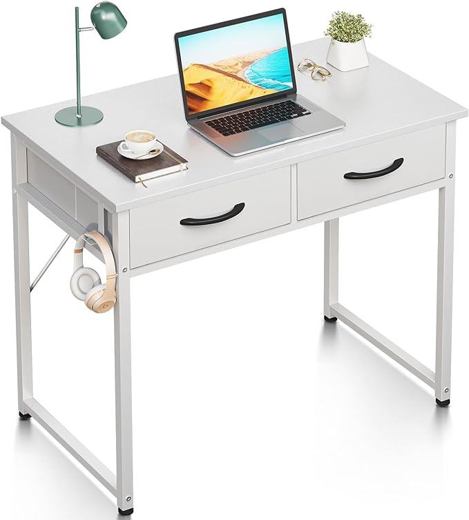 ODK Small Desk with Fabric Drawers- for Bedroom, White Vanity Desk with Storage, Home Office Computer Desk for Small Spaces, 32 Inch Modern Work Writing Study Table, White - LeafyLoom
