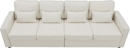 Sectional Living Room,Minimalist I Shape Couch,Compact Linen Fabric Modular Upholstered Sofa with Armrest Pocket and Removable Cushions,4 Pillow, 104" (4 Seater), Beige - LeafyLoom