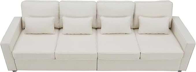 Sectional Living Room,Minimalist I Shape Couch,Compact Linen Fabric Modular Upholstered Sofa with Armrest Pocket and Removable Cushions,4 Pillow, 104" (4 Seater), Beige - LeafyLoom