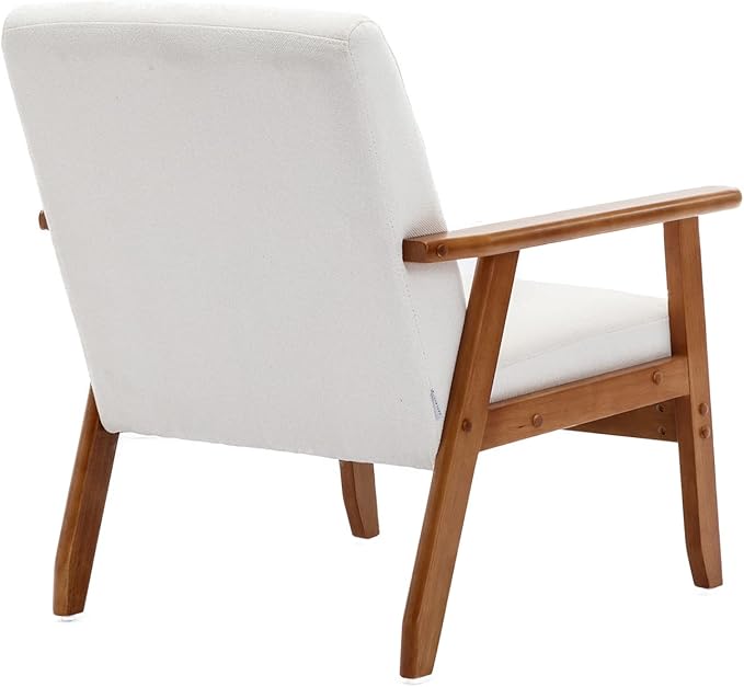 Mid-Century Accent, Modern Single Armchair, Upholstered Leisure Lounge Chair wth Solid Wood Armrest and Feet for Living Room, Bedroom, Office, Beige - LeafyLoom