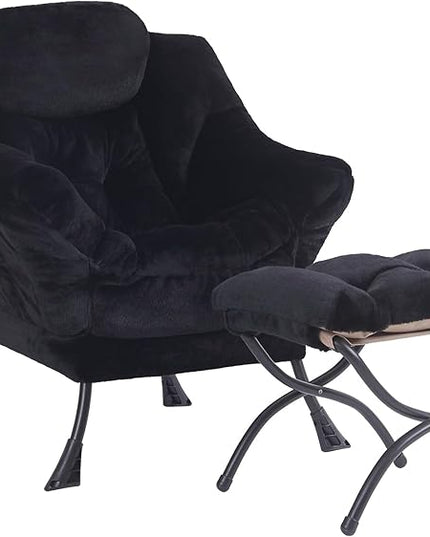 Plush Lazy Chair and Ottoman, Large Contemporary Accent Lounge Chair with Armrests and a Side Pocket, Modern Leisure Upholstered Sofa Reading Armchair with Footrest for Bedroom, Living Room - LeafyLoom
