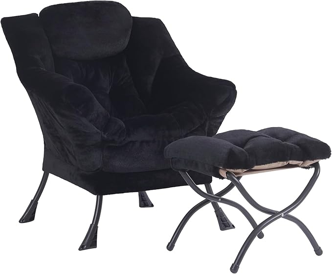 Plush Lazy Chair and Ottoman, Large Contemporary Accent Lounge Chair with Armrests and a Side Pocket, Modern Leisure Upholstered Sofa Reading Armchair with Footrest for Bedroom, Living Room - LeafyLoom