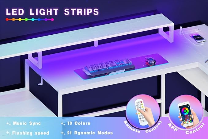 L Shaped Computer Desk with File Drawes,Gaming Desk with Led Lights & Power Outlets, Reversible Office Desk with Shelves White - LeafyLoom