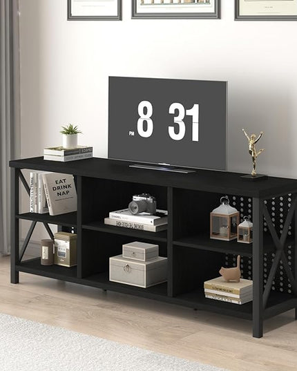 LVB Black Entertainment Center, Modern Wood Metal TV Stand for 65 Inch TV, Industrial Television Stands with Cabinet Storage, Farmhouse Media Console Tables for Home Living Bedroom, Black Oak, 55 Inch - LeafyLoom