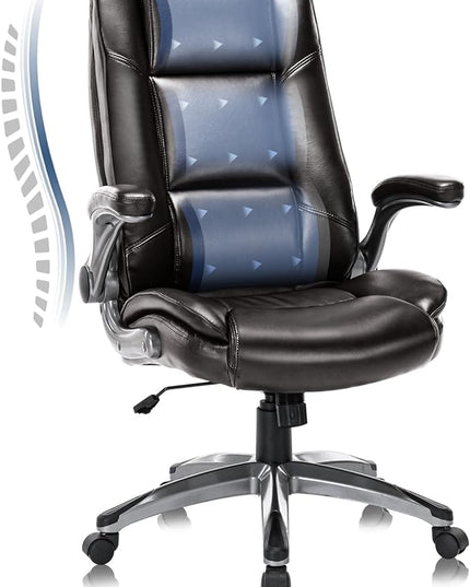 COLAMY Leather Executive Office Chair- High Back Home Computer Desk Chair with Padded Flip-up Arms, Adjustable Tilt Lock, Swivel Rolling Ergonomic Chair for Adult Working Study, Brown - LeafyLoom
