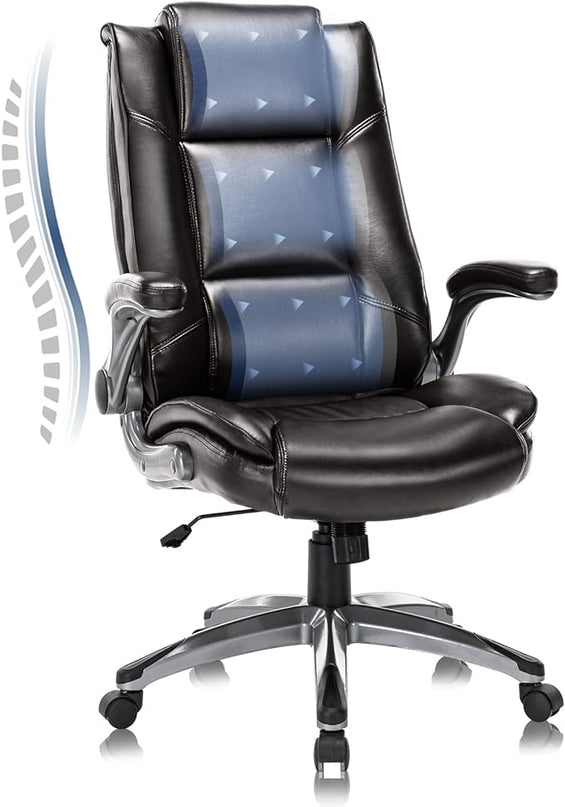 COLAMY Leather Executive Office Chair- High Back Home Computer Desk Chair with Padded Flip-up Arms, Adjustable Tilt Lock, Swivel Rolling Ergonomic Chair for Adult Working Study, Brown - LeafyLoom