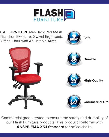 Flash Furniture Nicholas Mid-Back Red Mesh Multifunction Executive Swivel Ergonomic Office Chair with Adjustable Arms - LeafyLoom
