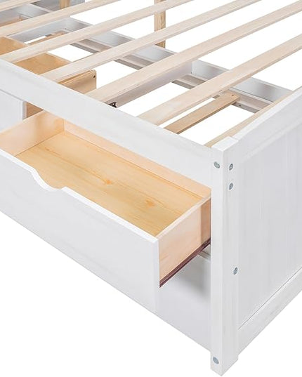 Full Captains Bed with 3 Storage Drawers and Trundle, Wood Daybed with Built-in Bookshelves for Bedroom Living Room, White - LeafyLoom