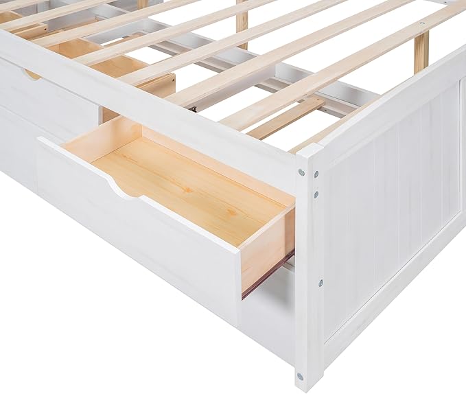 Full Captains Bed with 3 Storage Drawers and Trundle, Wood Daybed with Built-in Bookshelves for Bedroom Living Room, White - LeafyLoom