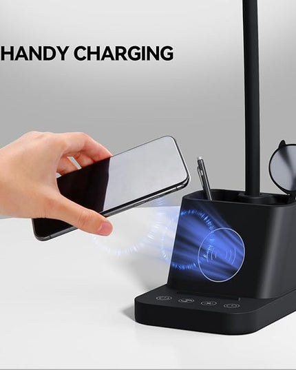 AXX LED Desk Lamp for Home Office, Small Desk Light with Wireless Charger, Black, Bright, Pen Holder, Mini, Kids Study Lamps for College Dorm Room, Task Lamp for Puzzles/Crafts/Bedrooms Reading - LeafyLoom