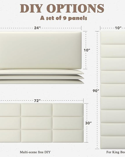 Queen Headboard, Wall Mounted Peel and Stick Headboard, Upholstered Leather Bed Headboard for Queen Size Bed, Floating Dorm Bedroom Tall Headboard Soundproof Wall Panels (9 Panels, 10"x24") - LeafyLoom