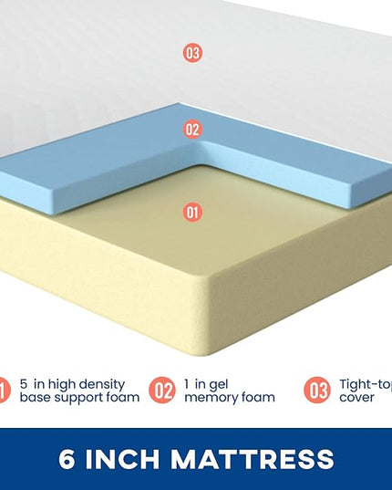 FDW Full Mattress 6 inch Gel Memory Foam Mattress for Cool Sleep & Pressure Relief, Medium Firm Mattresses CertiPUR-US Certified/Bed-in-a-Box/Pressure Relieving - LeafyLoom
