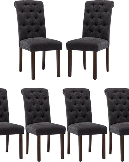 COLAMY Button Tufted Dining Chairs Set of 6, Parsons Upholstered Fabric Dining Room Chairs Kitchen Chairs with Wood Legs and Padded Seat, Black - LeafyLoom