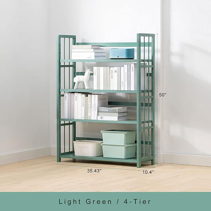 IOTXY Adjustable Bamboo Open Bookshelf - Large 4-Tier Free Standing Storage Rack, Multifunctional Display Stand for Home and Office, Bookcase, Light Green - LeafyLoom