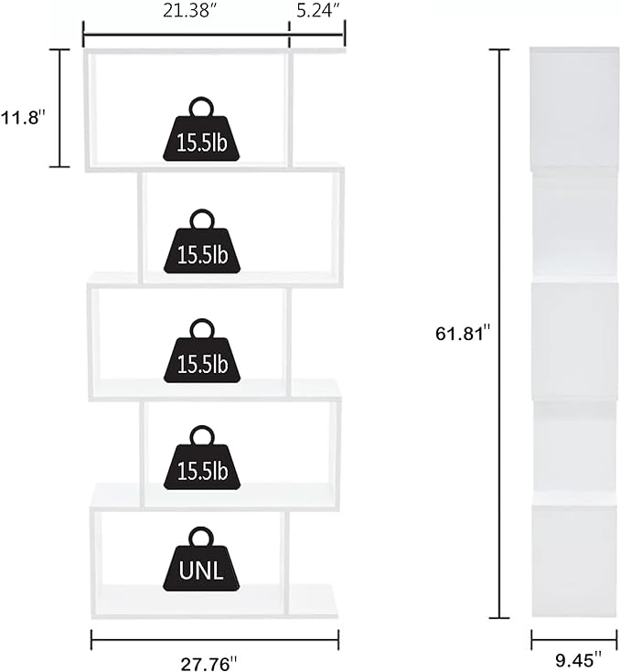 Yusong Bookshelf 5-Tier, Geometric Bookcase S Shaped Book Shelves for Bedroom, Modern Wood Decorative Display Shelf Book Case for Home Office, White - LeafyLoom