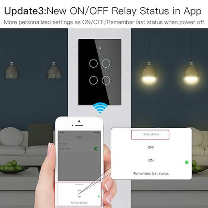 MOES 2.4GHz WiFi Wall Touch Smart Switch Neutral Wire Required, 3 Way Multi-Control, Glass Panel Light Switch Work with Smart Life/Tuya App, RF433 Remote Control, Alexa and Google Home Black 2 Gang MOES