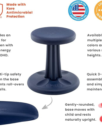 Kore Kids Wobble Chair - Flexible Seating Stool for Classroom & Elementary School, ADD/ADHD - Made in The USA - Age 6-7, Grade 1-2, Dark Blue (14in) - LeafyLoom