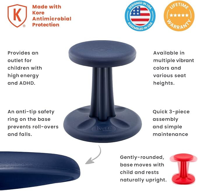 Kore Kids Wobble Chair - Flexible Seating Stool for Classroom & Elementary School, ADD/ADHD - Made in The USA - Age 6-7, Grade 1-2, Dark Blue (14in) - LeafyLoom