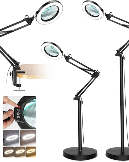 8X Magnifying Glass with Light and Stand, Krstlv LED 5 Color Modes, Stepless Dimmable Magnifying Floor Lamp, 3-in-1 Adjustable Swing Arm Lighted Magnifier Lamp with Clamp for Reading, Craft, Esthetic - LeafyLoom