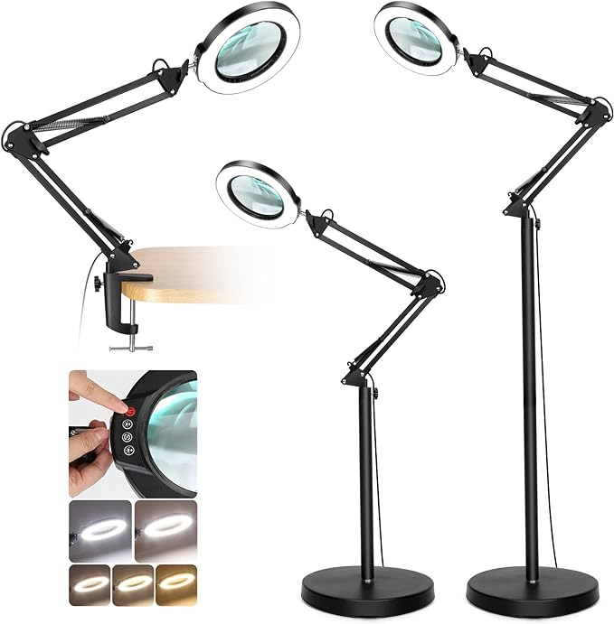 8X Magnifying Glass with Light and Stand, Krstlv LED 5 Color Modes, Stepless Dimmable Magnifying Floor Lamp, 3-in-1 Adjustable Swing Arm Lighted Magnifier Lamp with Clamp for Reading, Craft, Esthetic - LeafyLoom