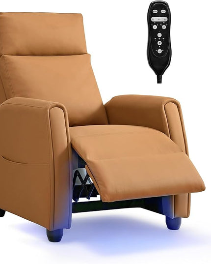 Recliner Chair for Adults PU Leather Push Back Armchair with 4 Colors Ambient Lighting Home Theater Seating with Massage & Heat Vibration Single Sofa for Living Room, Camel - LeafyLoom