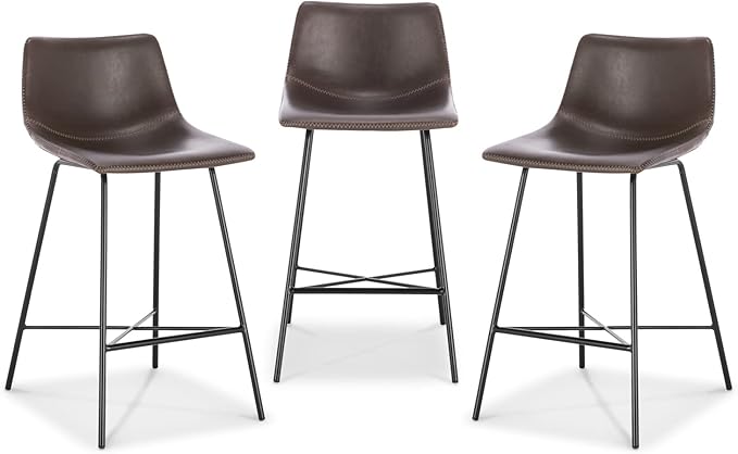 Poly and Bark Counter Stool 24 inches - Counter Height Bar Stools Set of 3 - Sturdy Kitchen Stools with Backs - Comfortable Bar Chair - Modern Countertop-High Chairs, Kitchen Island Barstools – Brown - LeafyLoom