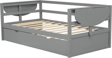 Merax Classic Wood Daybed with Trundle Twin/Twin Sofa Bed with Two Foldable Shelves for Bedroom Living Room,No Box Spring Needed,Space Saving Gray - LeafyLoom
