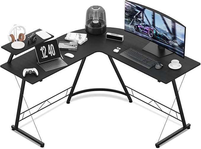 MoNiBloom L Shaped Gaming Desk Computer Corner Table with Metal Frame, L Desk Workstation for Home Office, Space-Saving, Black - LeafyLoom