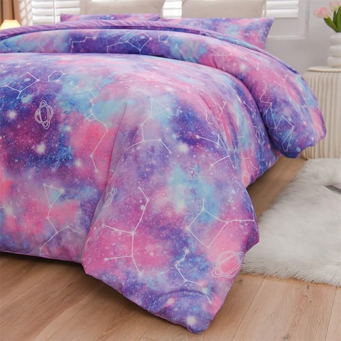 Holawakaka Tie Dye Galaxy Constellation Print Ombre Comforter Set Twin/Twin XL Size Girls Gradient Space Stars Dorm Bedding Set (Purple,Twin) - LeafyLoom