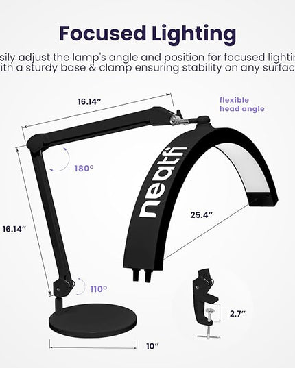 Neatfi Half Moon Swing Arm Table Lamp, 2500 Lumens, CCT Dimming, 5 Light Modes, Professional LED Lighting for Estheticians, Ideal for Nail Art, Facials, and Tattoos (with Base and Clamp, Black) - LeafyLoom