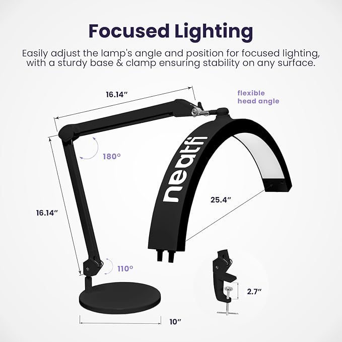 Neatfi Half Moon Swing Arm Table Lamp, 2500 Lumens, CCT Dimming, 5 Light Modes, Professional LED Lighting for Estheticians, Ideal for Nail Art, Facials, and Tattoos (with Base and Clamp, Black) - LeafyLoom