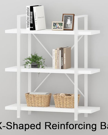 HSH 3 Tier White Bookshelf, Modern Small 3 Shelf Bookcase, Industrial Metal Wood Storage Shelves and Display Book Rack, Farmhouse Open Low Book shelf for Bedroom Living Room Office, White Oak - LeafyLoom