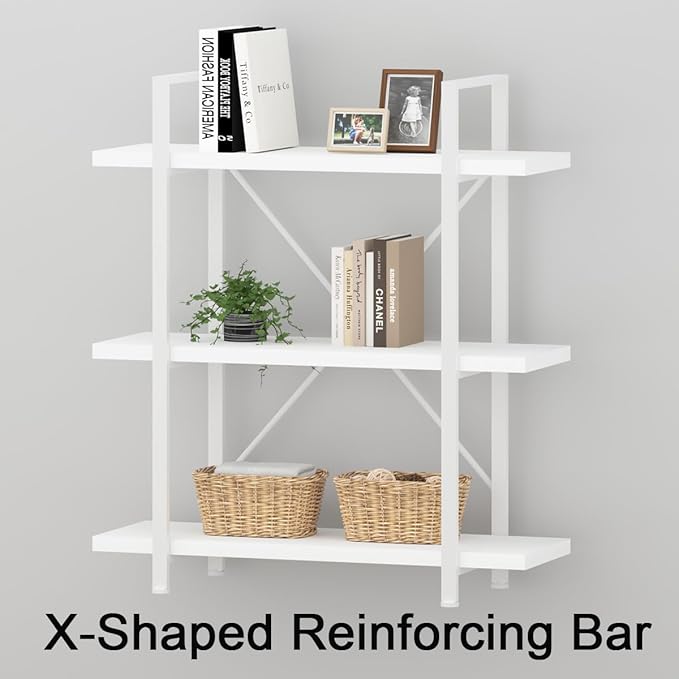 HSH 3 Tier White Bookshelf, Modern Small 3 Shelf Bookcase, Industrial Metal Wood Storage Shelves and Display Book Rack, Farmhouse Open Low Book shelf for Bedroom Living Room Office, White Oak - LeafyLoom