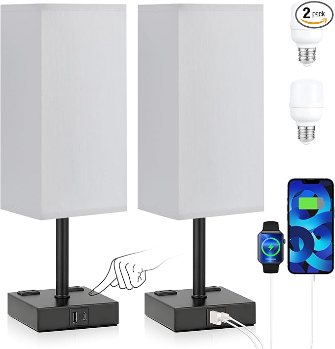 aooshine Black Base Gray Shade Set of 2 Touch Lamp with USB Port-Nightstand Lamp with USB-C+A Charge Ports& AC Outlets, 3-Way Dimmable Bedside Lamp, Small Table Lamp for Bedroom (Bulbs Included) - LeafyLoom