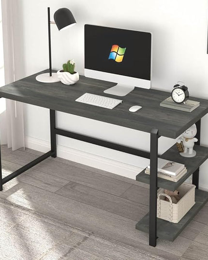 Industrial Computer Desk with Shelves, 55 inch Rustic Wood and Metal Work Study Writing Table for Home Office, Grey - LeafyLoom