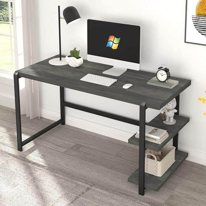 Industrial Computer Desk with Shelves, 55 inch Rustic Wood and Metal Work Study Writing Table for Home Office, Grey - LeafyLoom