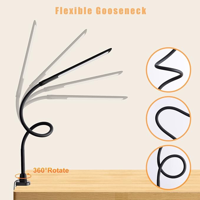 YOUKOYI LED Desk Lamp with Clamp,10W Swing Arm Clamp Lamp, 5 Brightness Levels & 4 Color Modes, Gooseneck Lamps Touch Control, Architect Desk Lamp for Home Office, Reading, Work(Black) - LeafyLoom