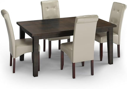 SIMPLIHOME Cosmopolitan Transitional Set with 4 Upholstered Chairs Vegan Faux Leather and 66 inch Wide Table for The Dining Room and Kitchen, 5 Pc, Satin Cream - LeafyLoom