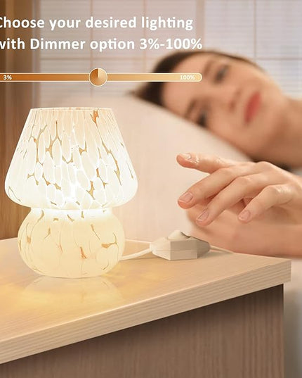 Mushroom Lamp Small Bedside Table Lamp-Nightstand Nightlight Dimmable Stepless, Translucent Glass White Desk Lamp for Bedroom Dorm Living Kitchen, Murano Style Aesthetic Cute Home Decor Gift - LeafyLoom