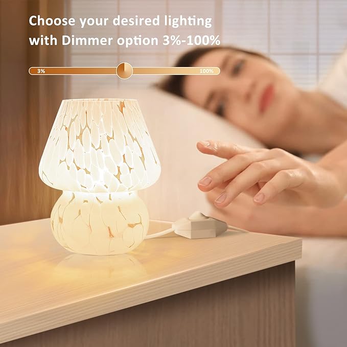 Mushroom Lamp Small Bedside Table Lamp-Nightstand Nightlight Dimmable Stepless, Translucent Glass White Desk Lamp for Bedroom Dorm Living Kitchen, Murano Style Aesthetic Cute Home Decor Gift - LeafyLoom