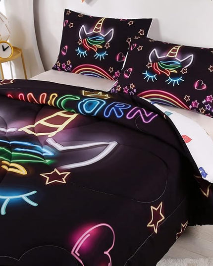 Cute Unicorn Comforter Sets Rainbow Soft Girls Comforter Sets 3pc Pink Flower Girl Unicorn Bedding Sets - LeafyLoom