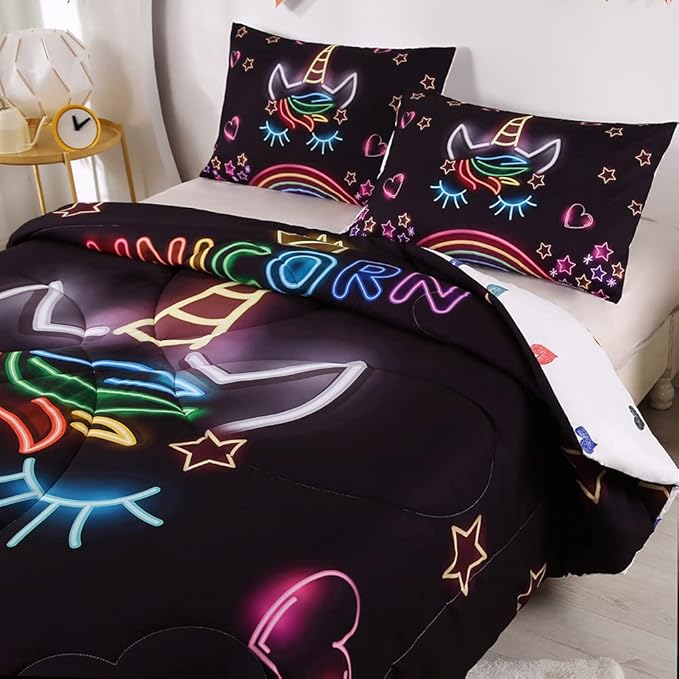 Cute Unicorn Comforter Sets Rainbow Soft Girls Comforter Sets 3pc Pink Flower Girl Unicorn Bedding Sets - LeafyLoom