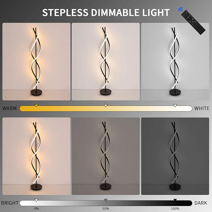 Modern Floor Lamps for Living Room Bright Lighting LED 33w 53in with Remote 3 Colors Dimmable Unique Office Corner Lamp Black Arc Spiral Floor Lamp - LeafyLoom