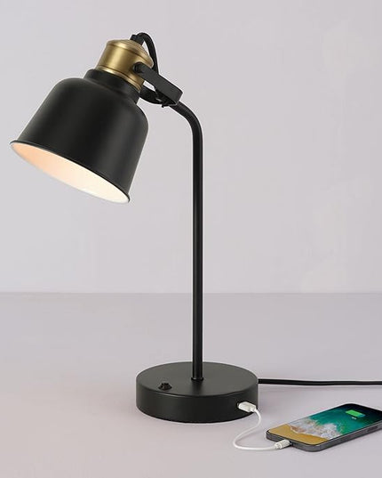 Globe Electric 30297 18" Desk Lamp with 2.1 USB Port, Matte Black, Brass Accents, Push Button On/Off Switch, Home Décor, Desk Lamps for Home Office, Home Office Accessories, Home Improvement - LeafyLoom