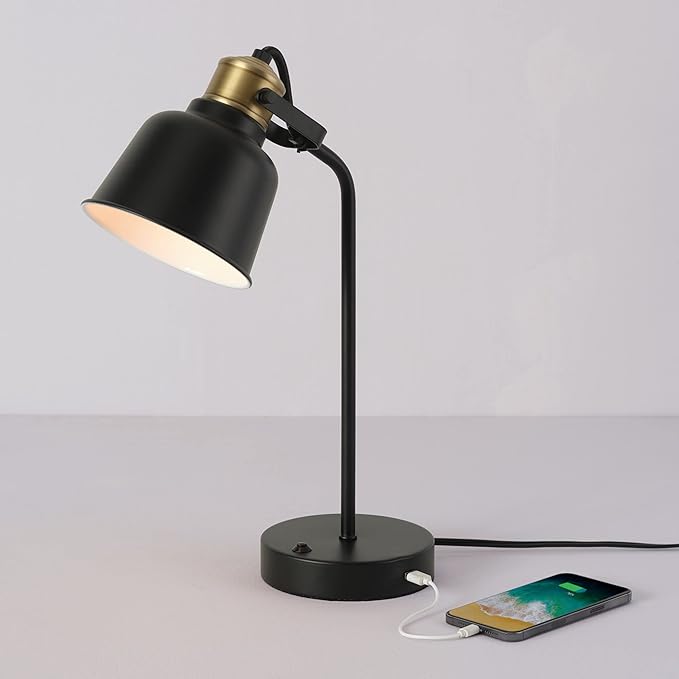 Globe Electric 30297 18" Desk Lamp with 2.1 USB Port, Matte Black, Brass Accents, Push Button On/Off Switch, Home Décor, Desk Lamps for Home Office, Home Office Accessories, Home Improvement - LeafyLoom